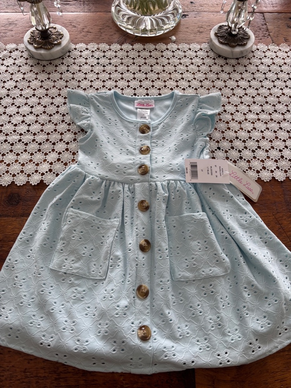 Little Lass Pale Blue Eyelet Button-Front Dress